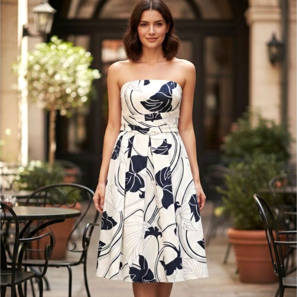 ANN TAYLOR Strapless Silk Midi Dress Botanical Print Black Cream Classic Size 8P